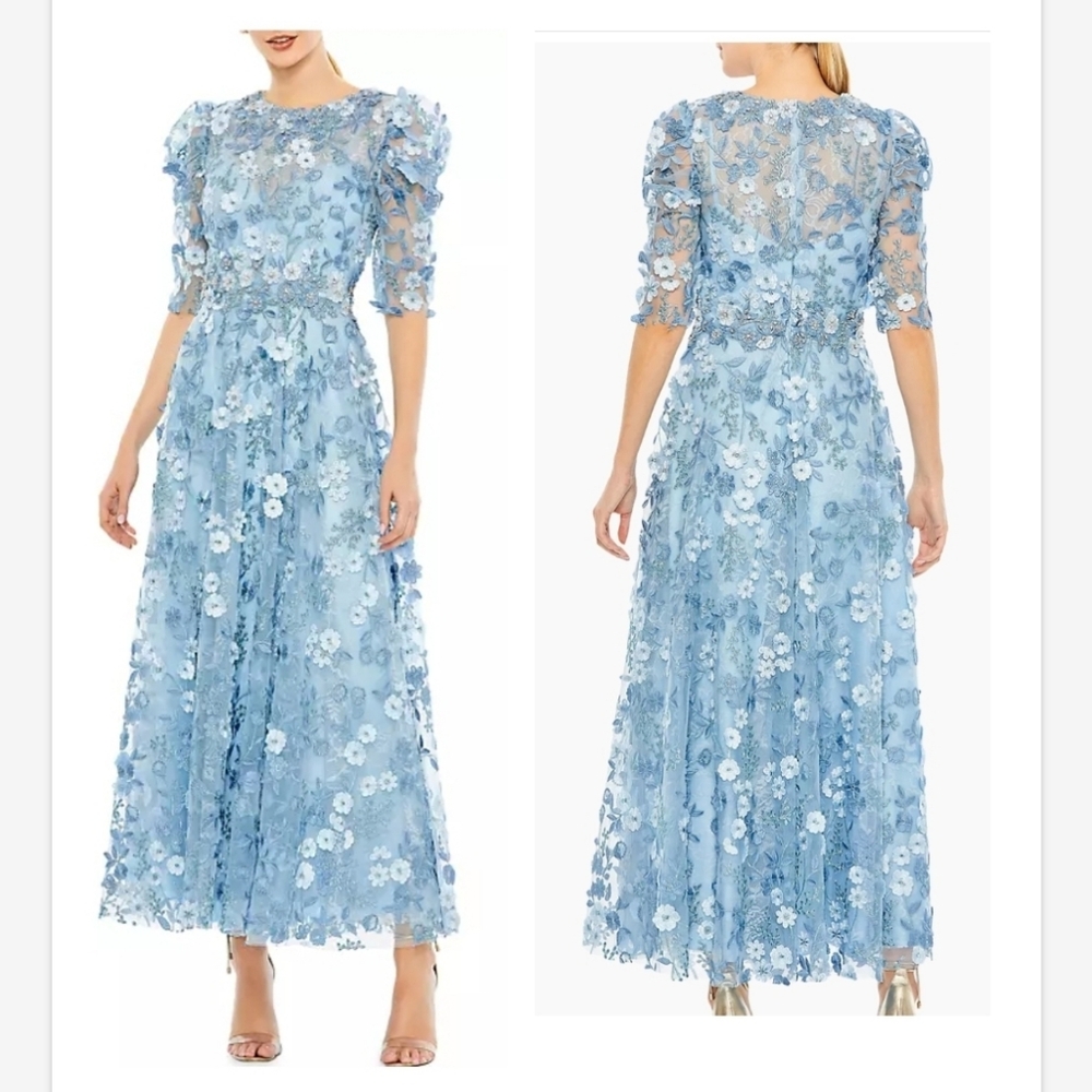 Mac Duggal powder blue Floral Appliqué Puff-Sleeve Midi Dress SZ 10 NWT